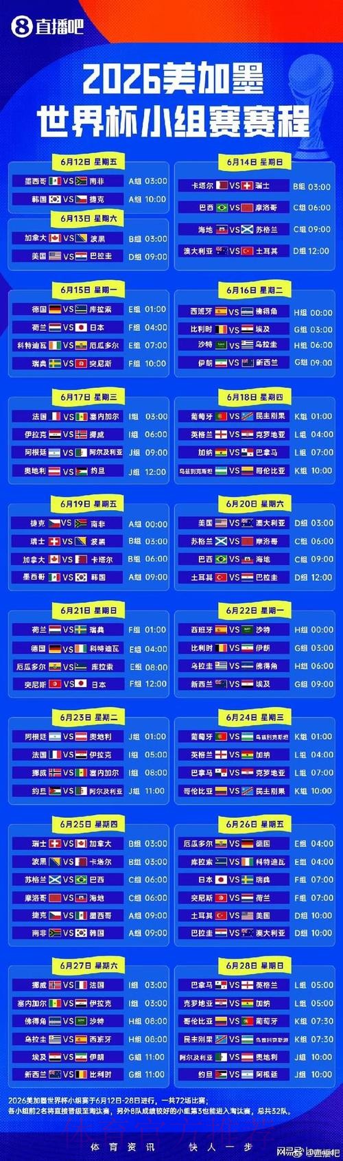 2026世界杯小组赛赛程完整版全程直播官网入口